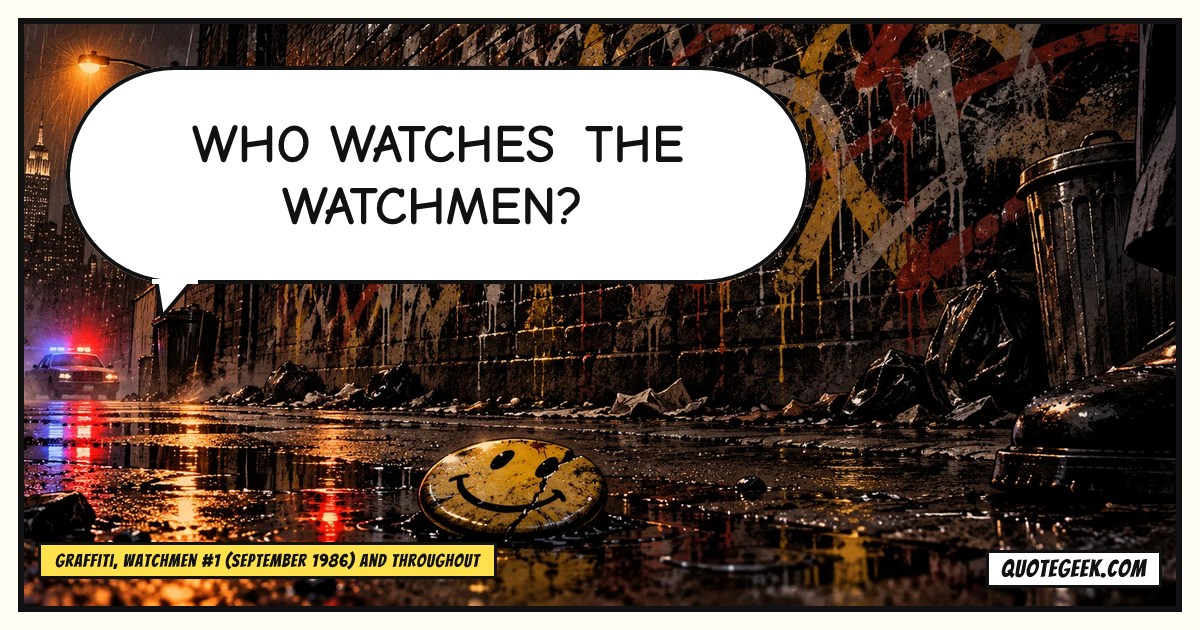 “Who watches the Watchmen?” — Graffiti, Watchmen #1 (September 1986) and throughout · Watchmen. Illustrated QuoteGeek card.