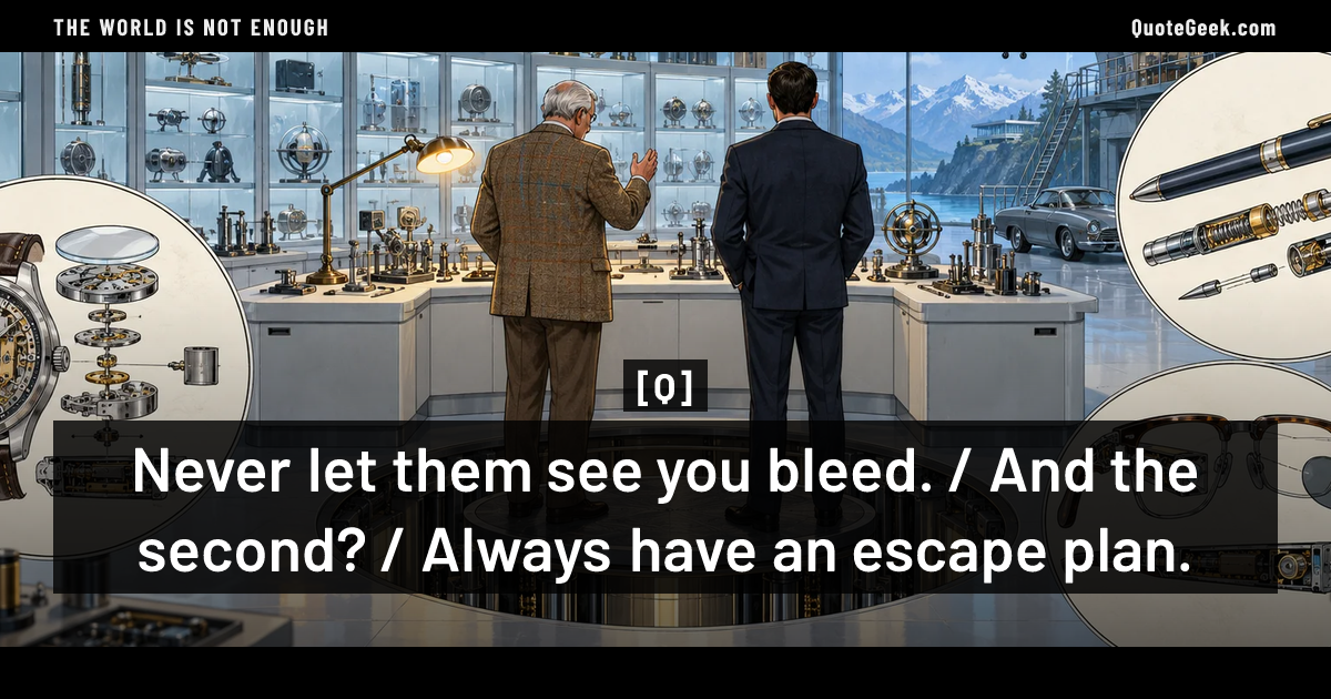 “Never let them see you bleed. / And the second? / Always have an escape plan.” — Q · The World Is Not Enough. Illustrated QuoteGeek card.