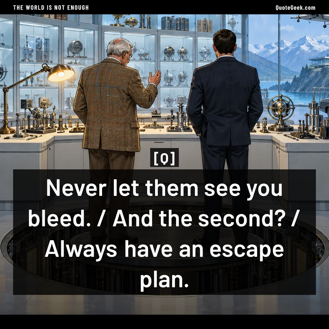 “Never let them see you bleed. / And the second? / Always have an escape plan.” — Q · The World Is Not Enough. Illustrated QuoteGeek card.