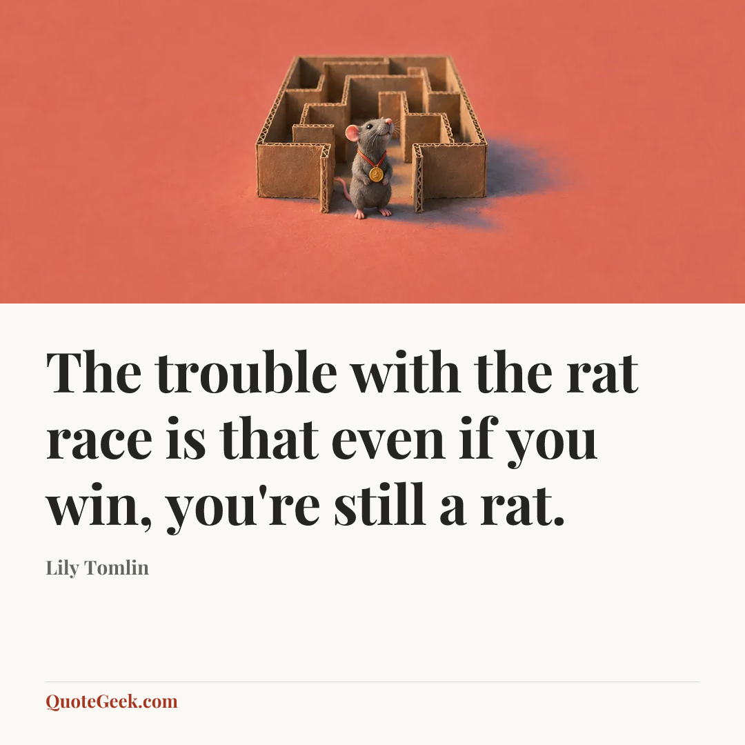 “The trouble with the rat race is that even if you win, you're still a rat.” — Lily Tomlin. Illustrated QuoteGeek card.