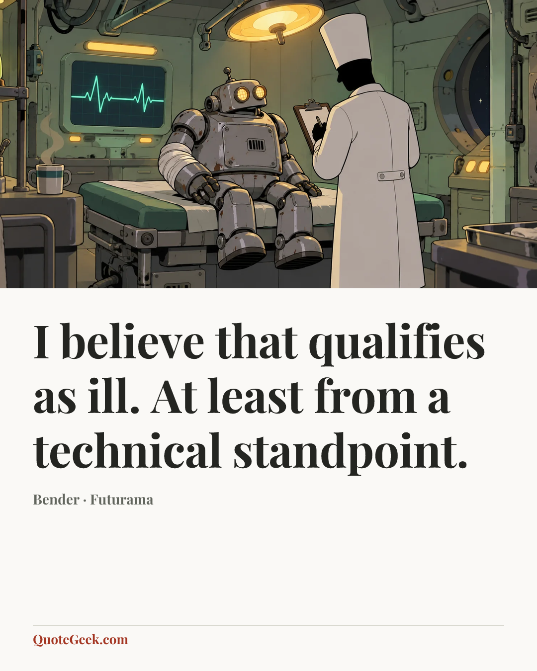 “I believe that qualifies as ill. At least from a technical standpoint.” — Bender · Futurama. Illustrated QuoteGeek card.
