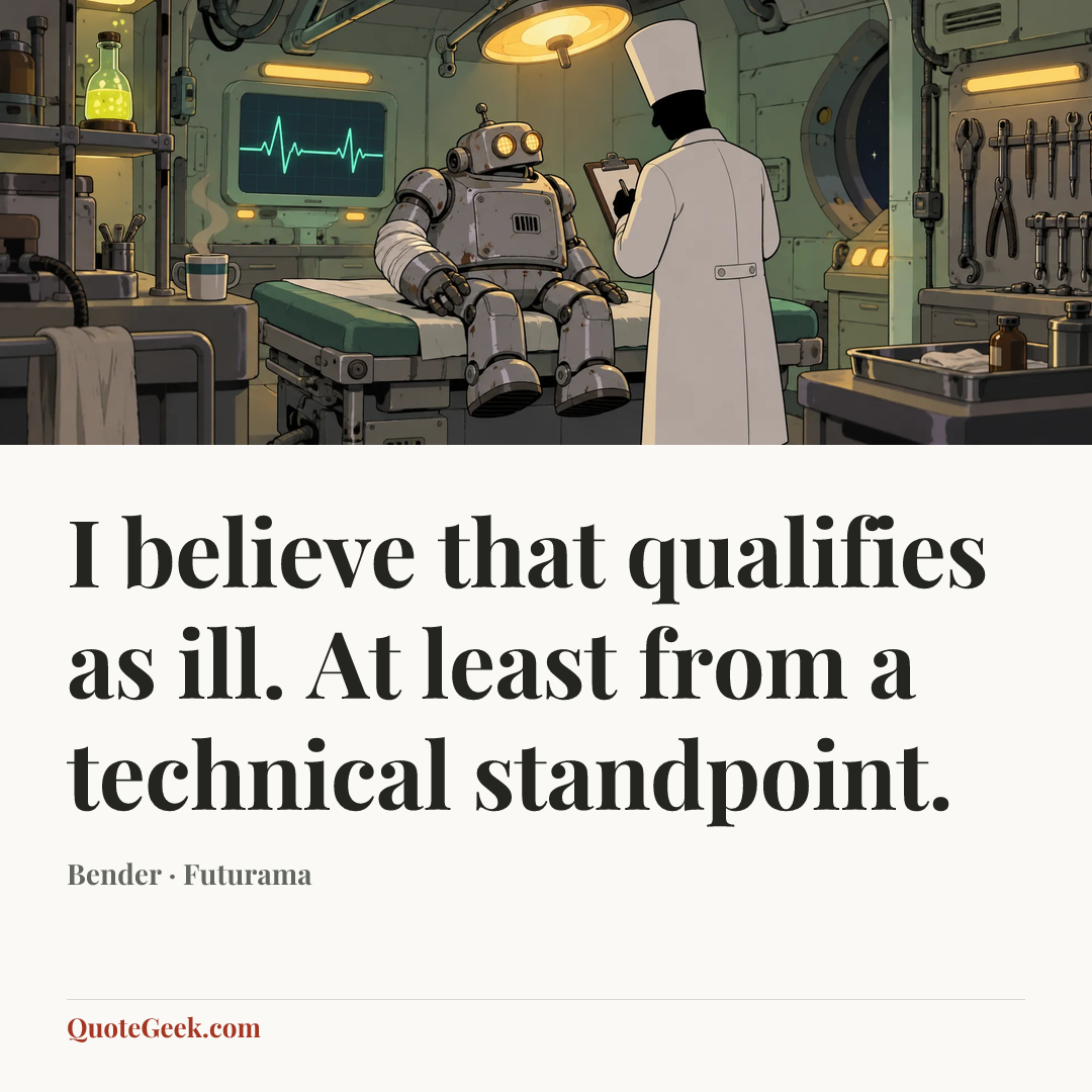 “I believe that qualifies as ill. At least from a technical standpoint.” — Bender · Futurama. Illustrated QuoteGeek card.