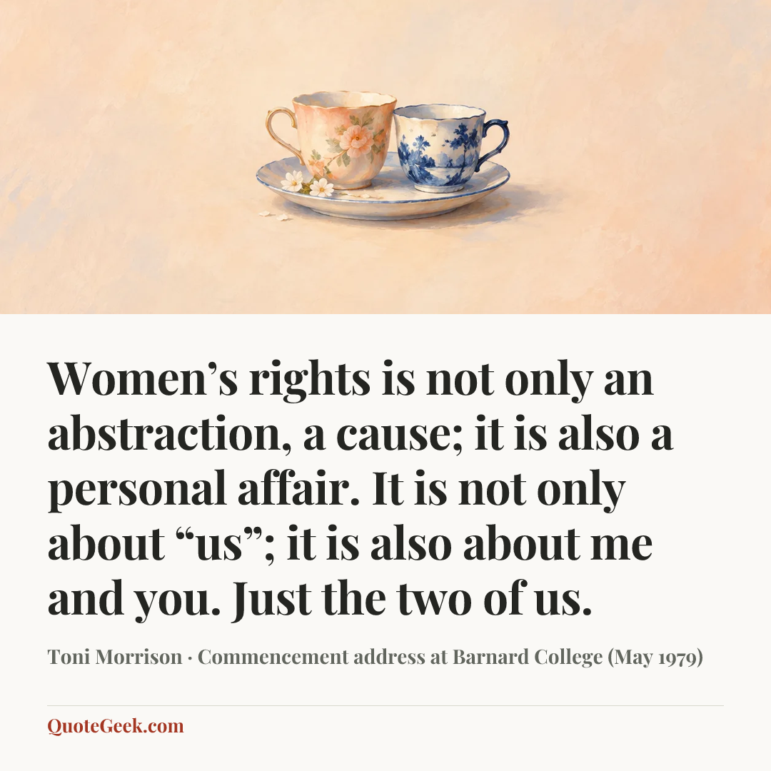 “Women’s rights is not only an abstraction, a cause; it is also a personal affair. It is not only about “us”; it is also about me and you. Just the two of us.” — Toni Morrison · Commencement address at Barnard College (May 1979). Illustrated QuoteGeek card.