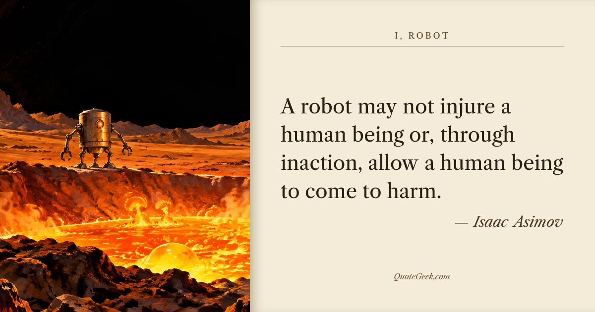 “A robot may not injure a human being or, through inaction, allow a human being to come to harm.” — Isaac Asimov · I, Robot. Illustrated QuoteGeek card.