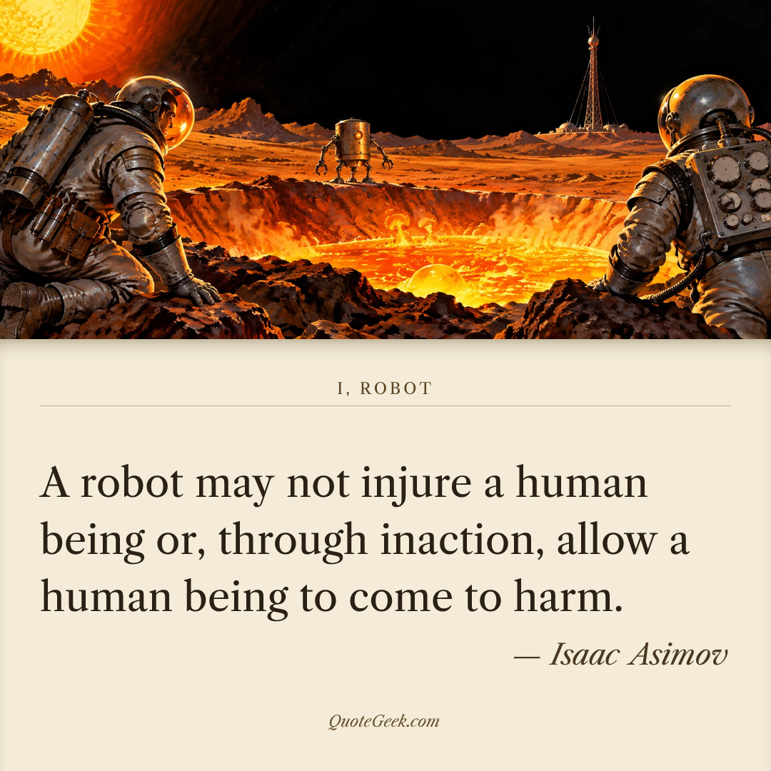 “A robot may not injure a human being or, through inaction, allow a human being to come to harm.” — Isaac Asimov · I, Robot. Illustrated QuoteGeek card.