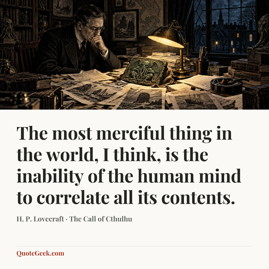 “The most merciful thing in the world, I think, is the inability of the human mind to correlate all its contents.” — H. P. Lovecraft · The Call of Cthulhu. Illustrated QuoteGeek card.