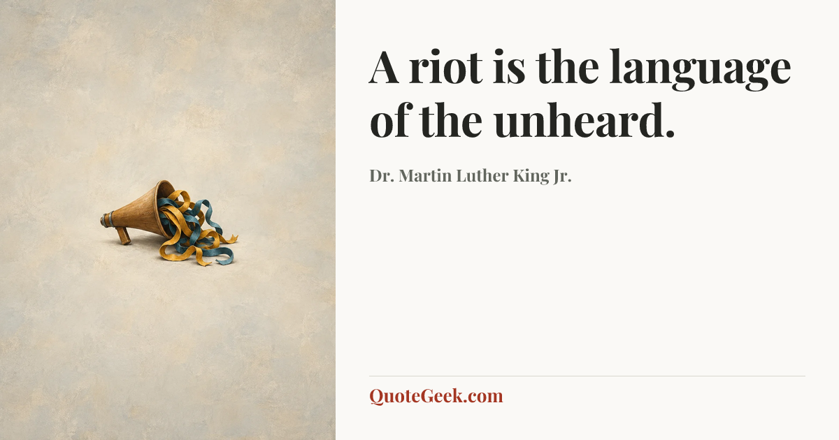 “A riot is the language of the unheard.” — Dr. Martin Luther King Jr.. Illustrated QuoteGeek card.