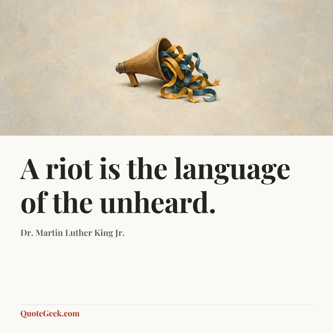 “A riot is the language of the unheard.” — Dr. Martin Luther King Jr.. Illustrated QuoteGeek card.