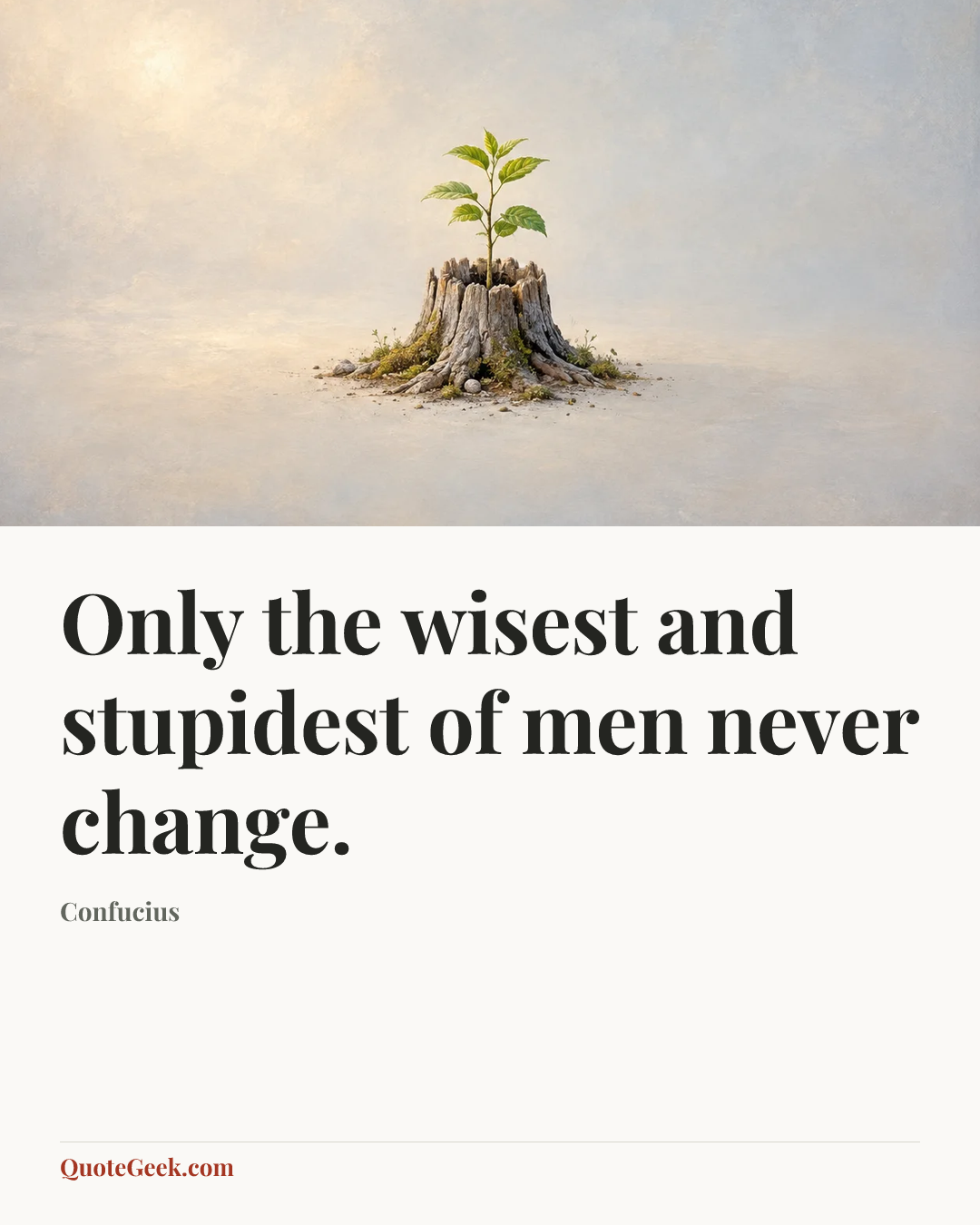 “Only the wisest and stupidest of men never change.” — Confucius. Illustrated QuoteGeek card.