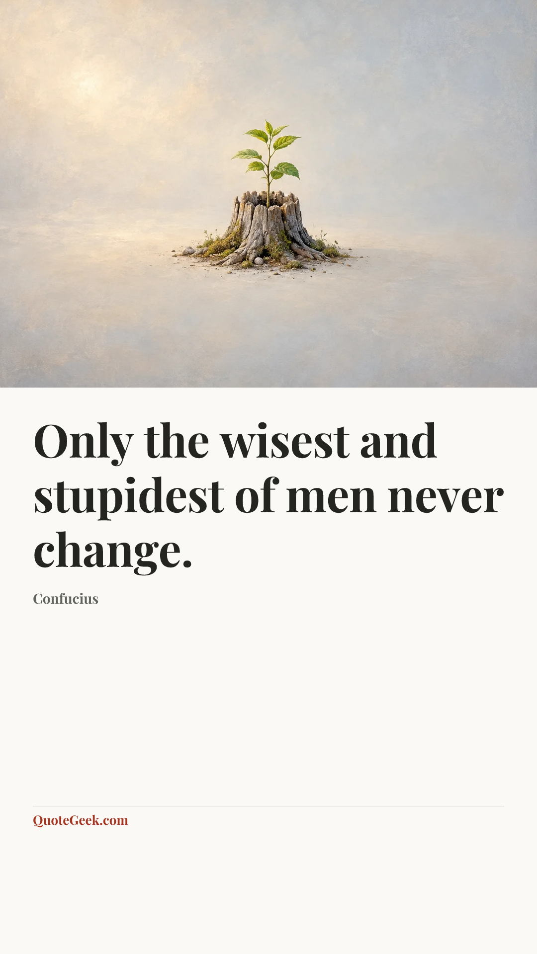 “Only the wisest and stupidest of men never change.” — Confucius. Illustrated QuoteGeek card.