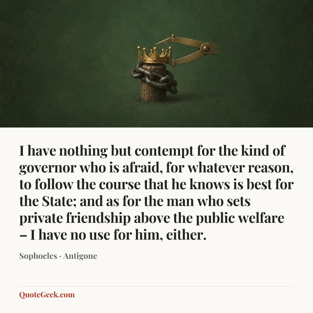 “I have nothing but contempt for the kind of governor who is afraid, for whatever reason, to follow the course that he knows is best for the State; and as for the man who sets private friendship above the public welfare – I have no use for him, either.” — Sophocles · Antigone. Illustrated QuoteGeek card.
