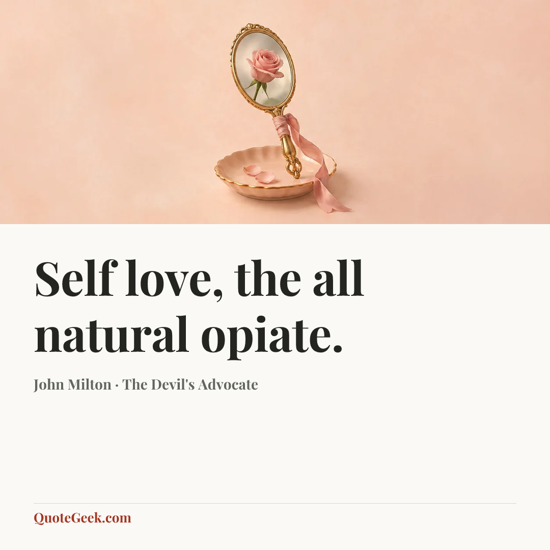 “Self love, the all natural opiate.” — John Milton · The Devil's Advocate. Illustrated QuoteGeek card.