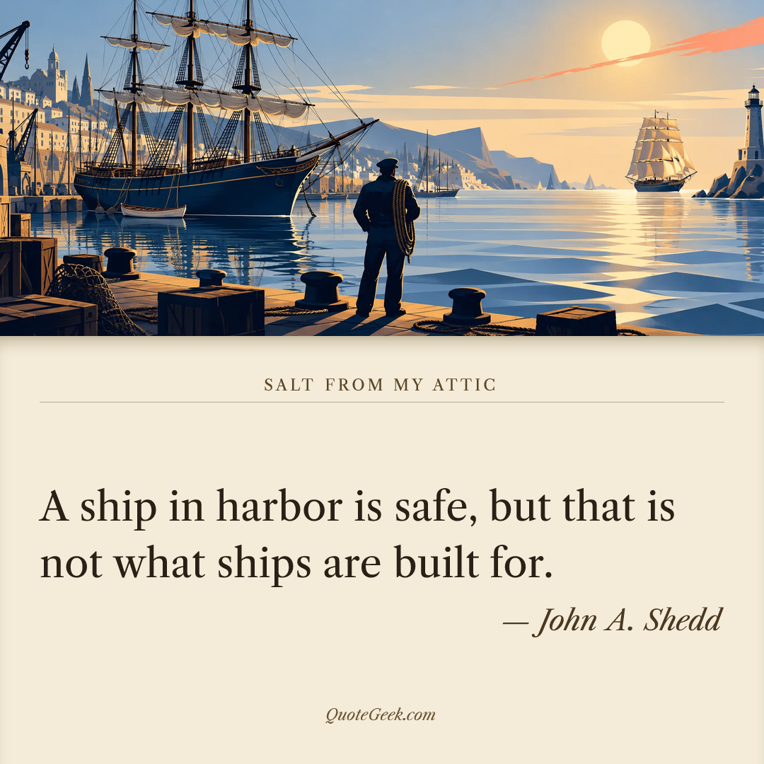 “A ship in harbor is safe, but that is not what ships are built for.” — John A. Shedd · Salt from My Attic. Illustrated QuoteGeek card.
