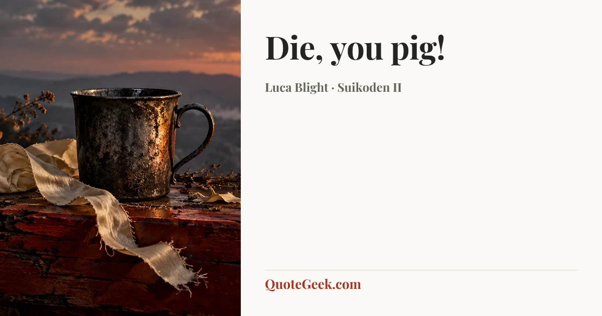 “Die, you pig!” — Luca Blight · Suikoden II. Illustrated QuoteGeek card.