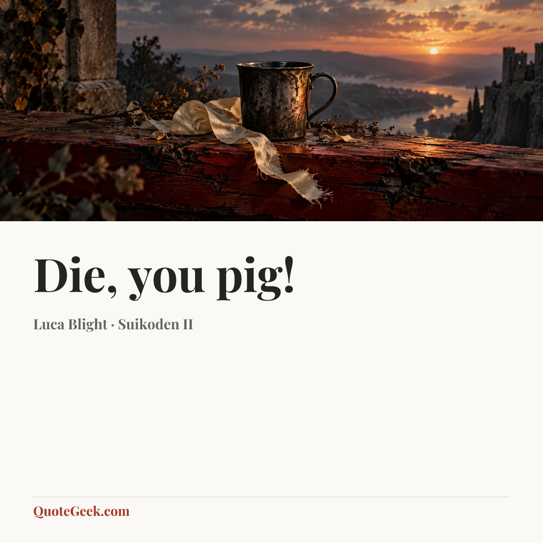 “Die, you pig!” — Luca Blight · Suikoden II. Illustrated QuoteGeek card.
