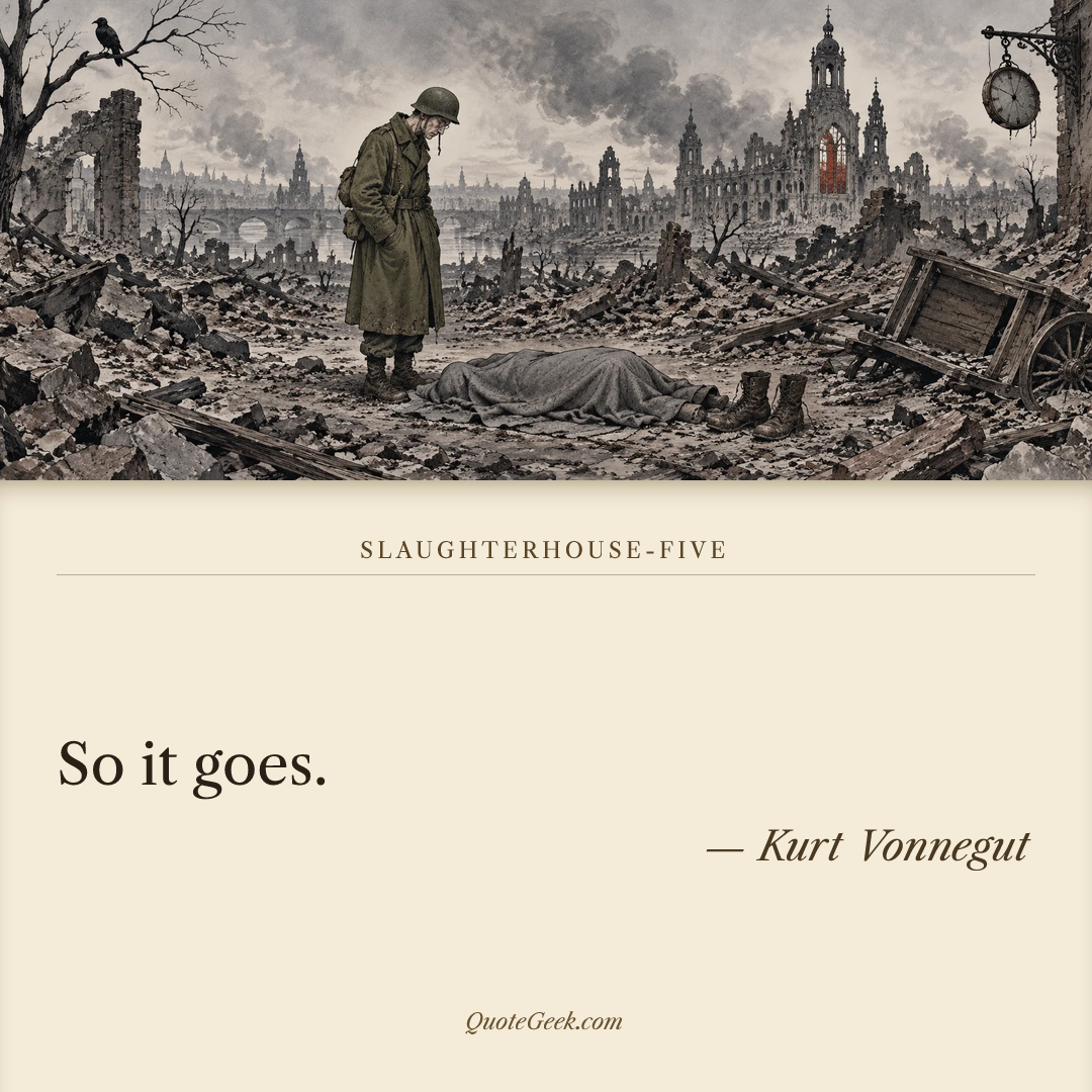 “So it goes.” — Kurt Vonnegut · Slaughterhouse-Five. Illustrated QuoteGeek card.