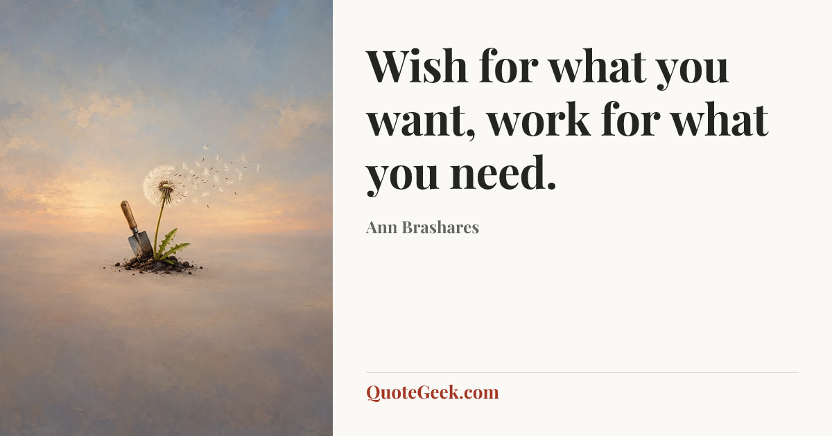 “Wish for what you want, work for what you need.” — Ann Brashares. Illustrated QuoteGeek card.