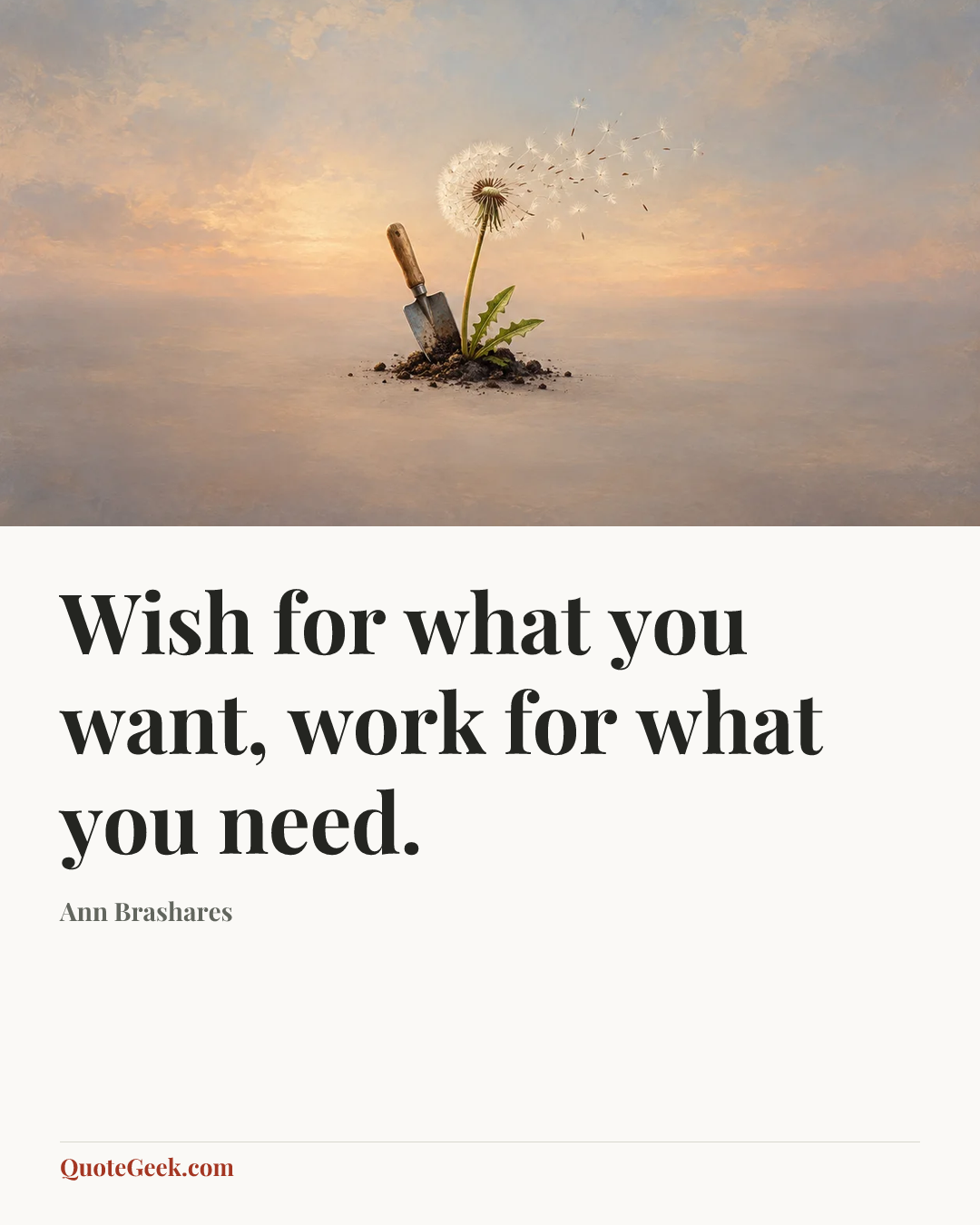 “Wish for what you want, work for what you need.” — Ann Brashares. Illustrated QuoteGeek card.