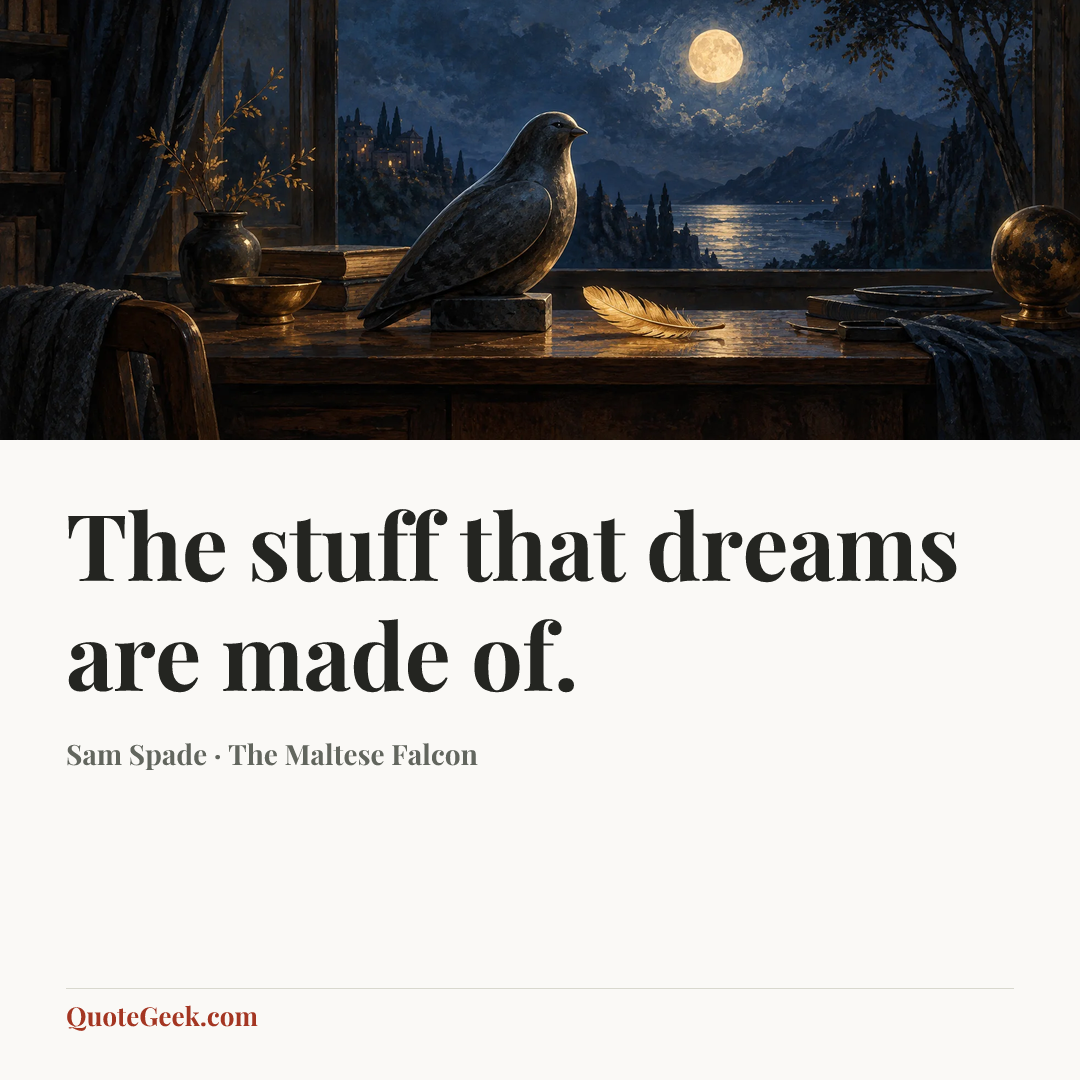 “The stuff that dreams are made of.” — Sam Spade · The Maltese Falcon. Illustrated QuoteGeek card.
