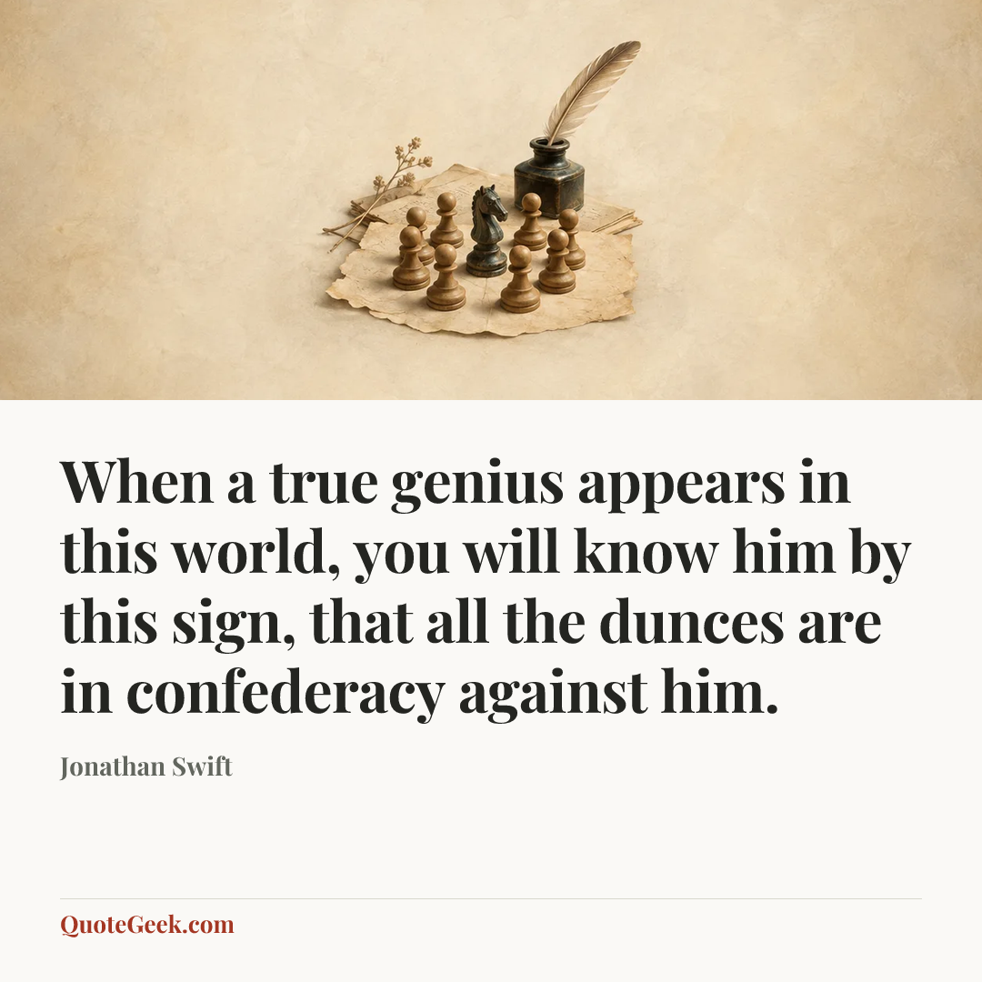 “When a true genius appears in this world, you will know him by this sign, that all the dunces are in confederacy against him.” — Jonathan Swift. Illustrated QuoteGeek card.