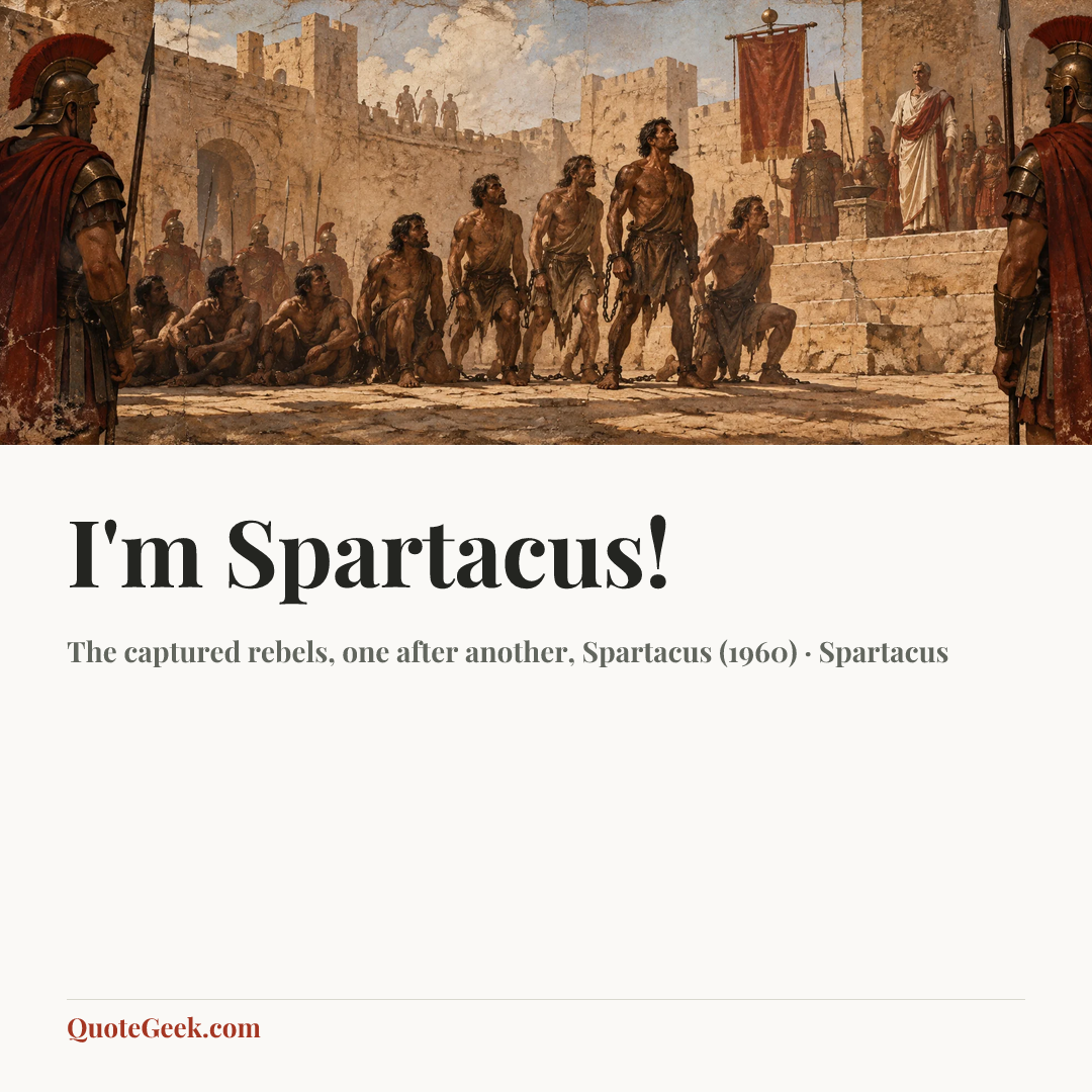 “I'm Spartacus!” — The captured rebels, one after another, Spartacus (1960) · Spartacus. Illustrated QuoteGeek card.