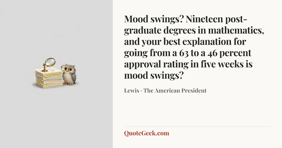 “Mood swings? Nineteen post-graduate degrees in mathematics, and your best explanation for going from a 63 to a 46 percent approval rating in five weeks is mood swings?” — Lewis · The American President. Illustrated QuoteGeek card.