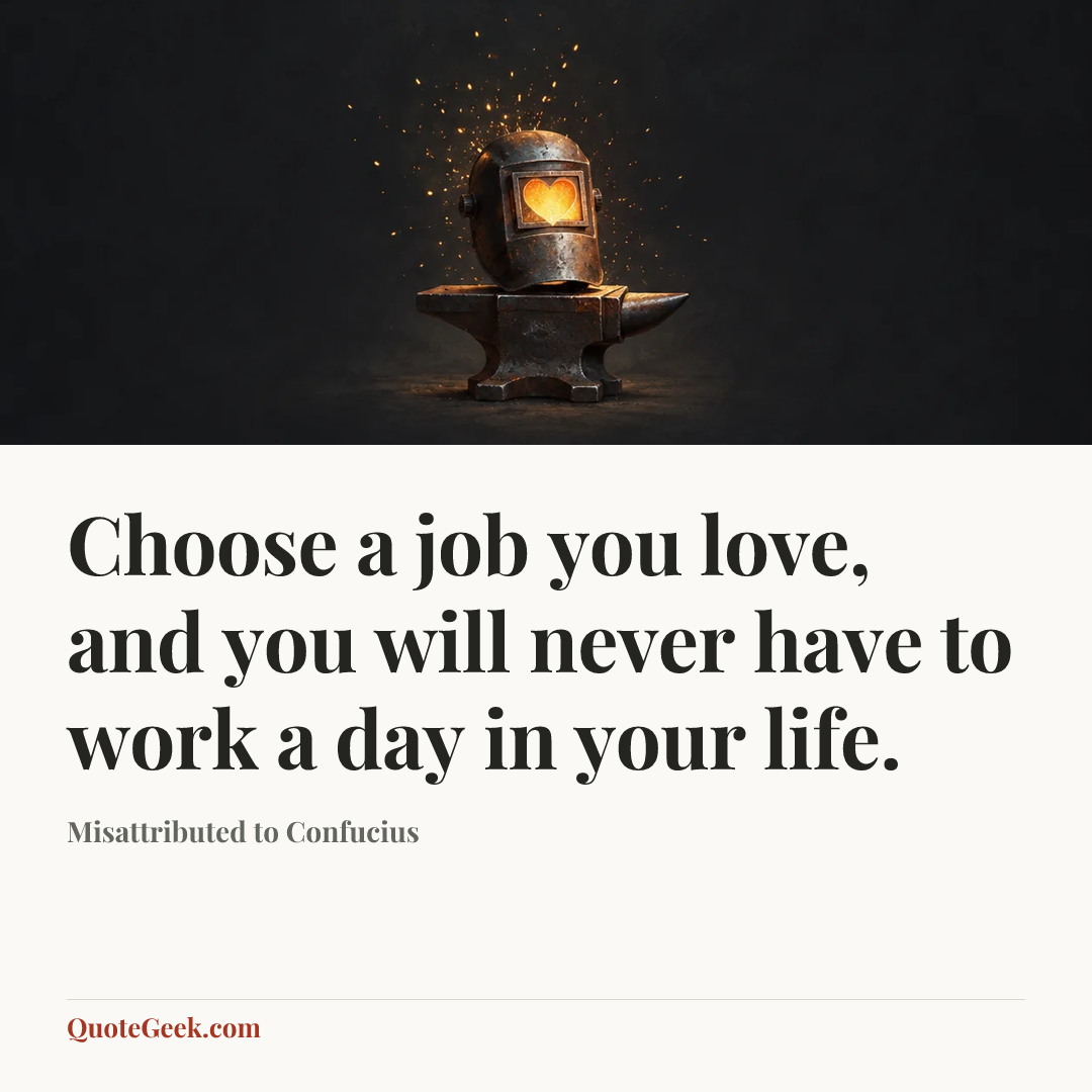 “Choose a job you love, and you will never have to work a day in your life.” — Misattributed to Confucius. Illustrated QuoteGeek card.