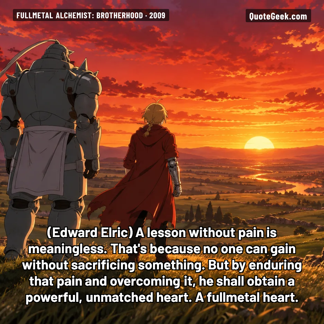 “A lesson without pain is meaningless. That's because no one can gain without sacrificing something. But by enduring that pain and overcoming it, he shall obtain a powerful, unmatched heart. A fullmetal heart.” — Edward Elric · Fullmetal Alchemist: Brotherhood. Illustrated QuoteGeek card.