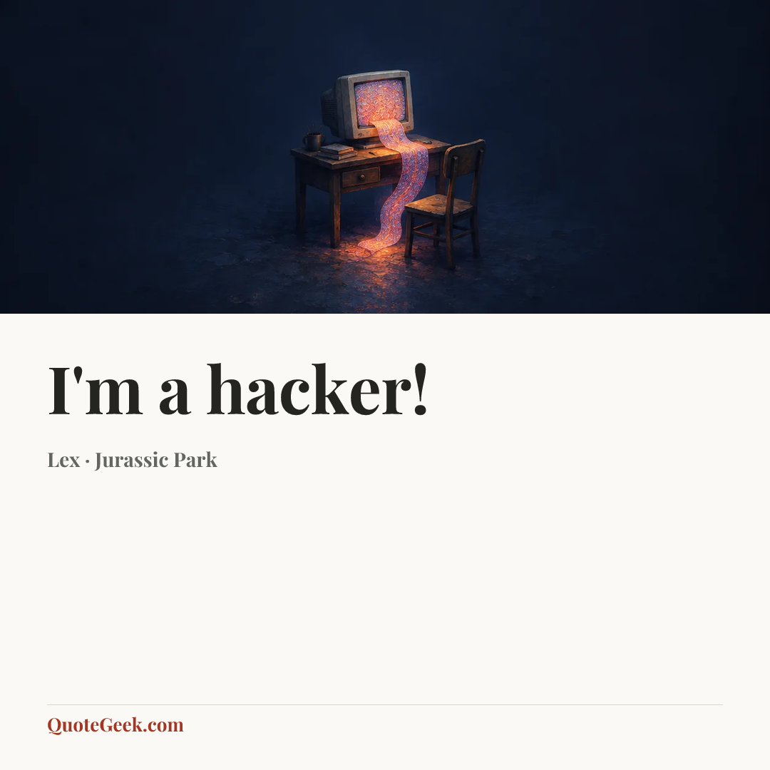 “I'm a hacker!” — Lex · Jurassic Park. Illustrated QuoteGeek card.