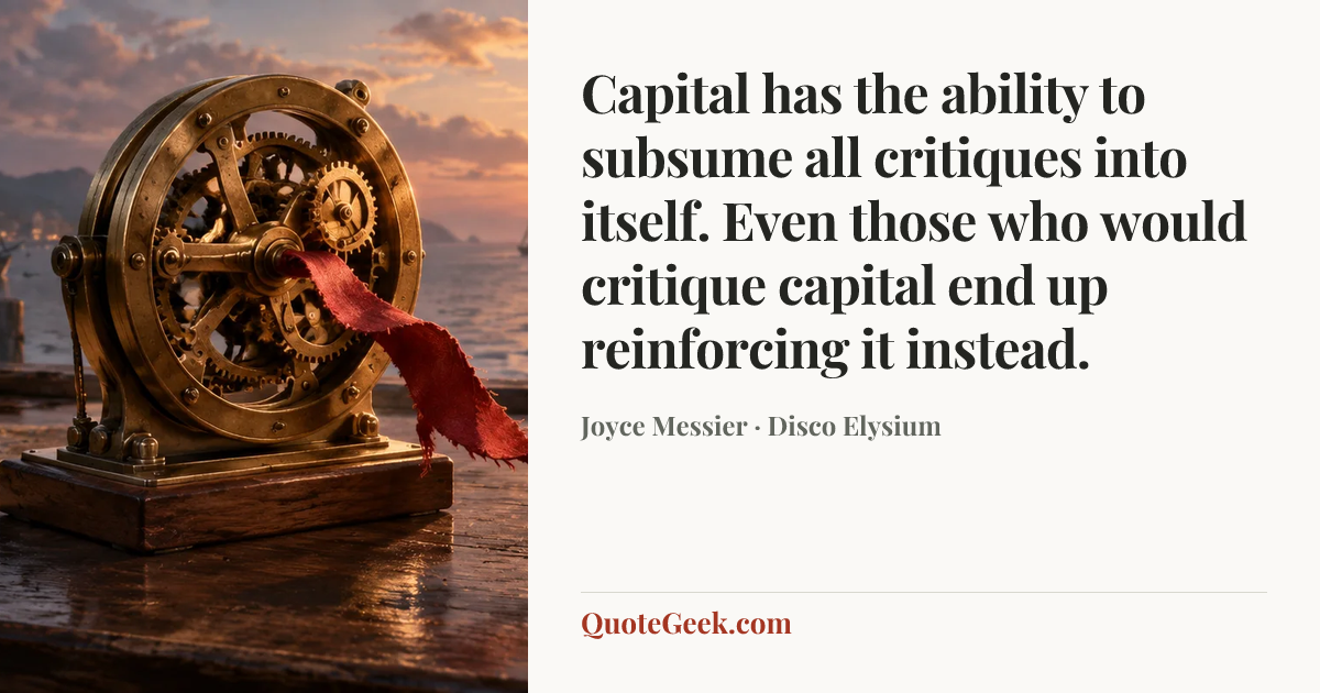 “Capital has the ability to subsume all critiques into itself. Even those who would critique capital end up reinforcing it instead.” — Joyce Messier · Disco Elysium. Illustrated QuoteGeek card.