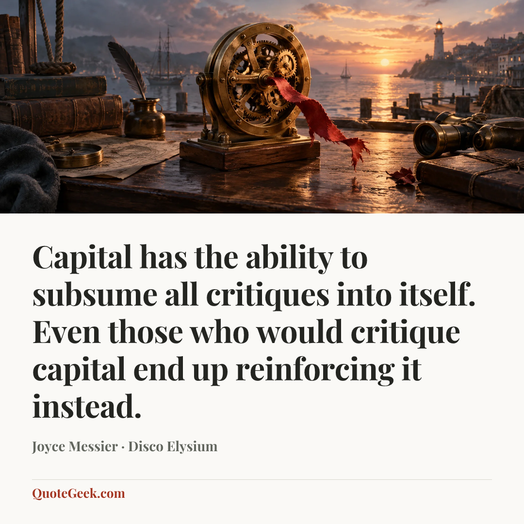 “Capital has the ability to subsume all critiques into itself. Even those who would critique capital end up reinforcing it instead.” — Joyce Messier · Disco Elysium. Illustrated QuoteGeek card.