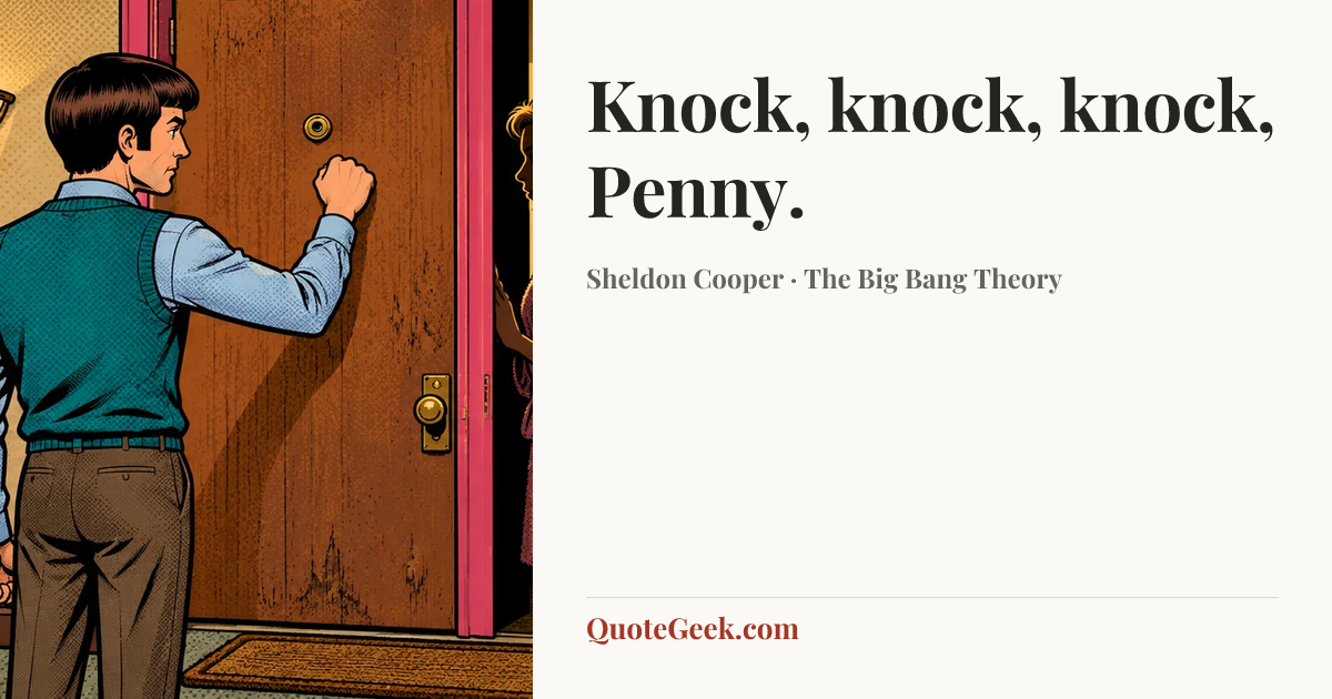 “Knock, knock, knock, Penny.” — Sheldon Cooper · The Big Bang Theory. Illustrated QuoteGeek card.