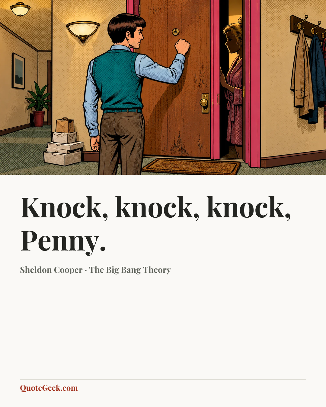 “Knock, knock, knock, Penny.” — Sheldon Cooper · The Big Bang Theory. Illustrated QuoteGeek card.