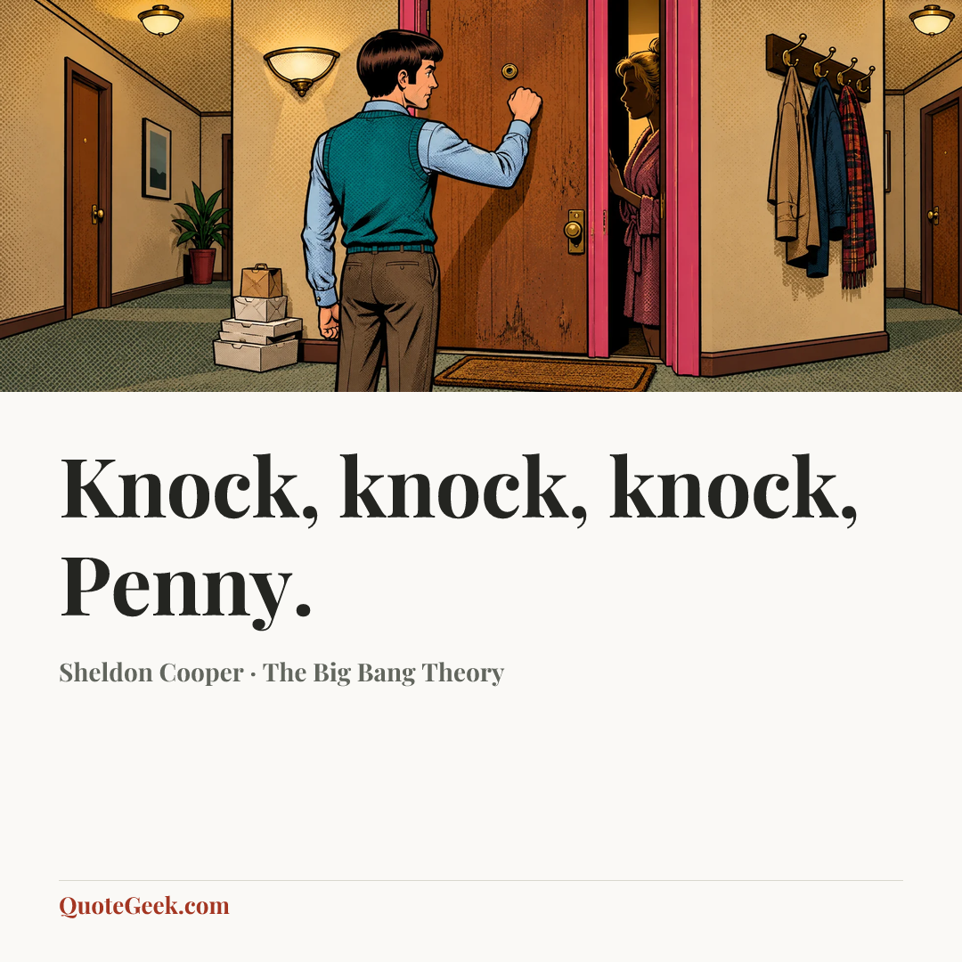 “Knock, knock, knock, Penny.” — Sheldon Cooper · The Big Bang Theory. Illustrated QuoteGeek card.