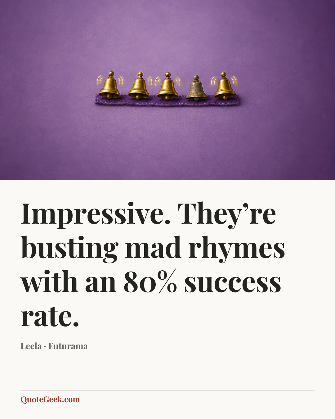 “Impressive. They’re busting mad rhymes with an 80% success rate.” — Leela · Futurama. Illustrated QuoteGeek card.