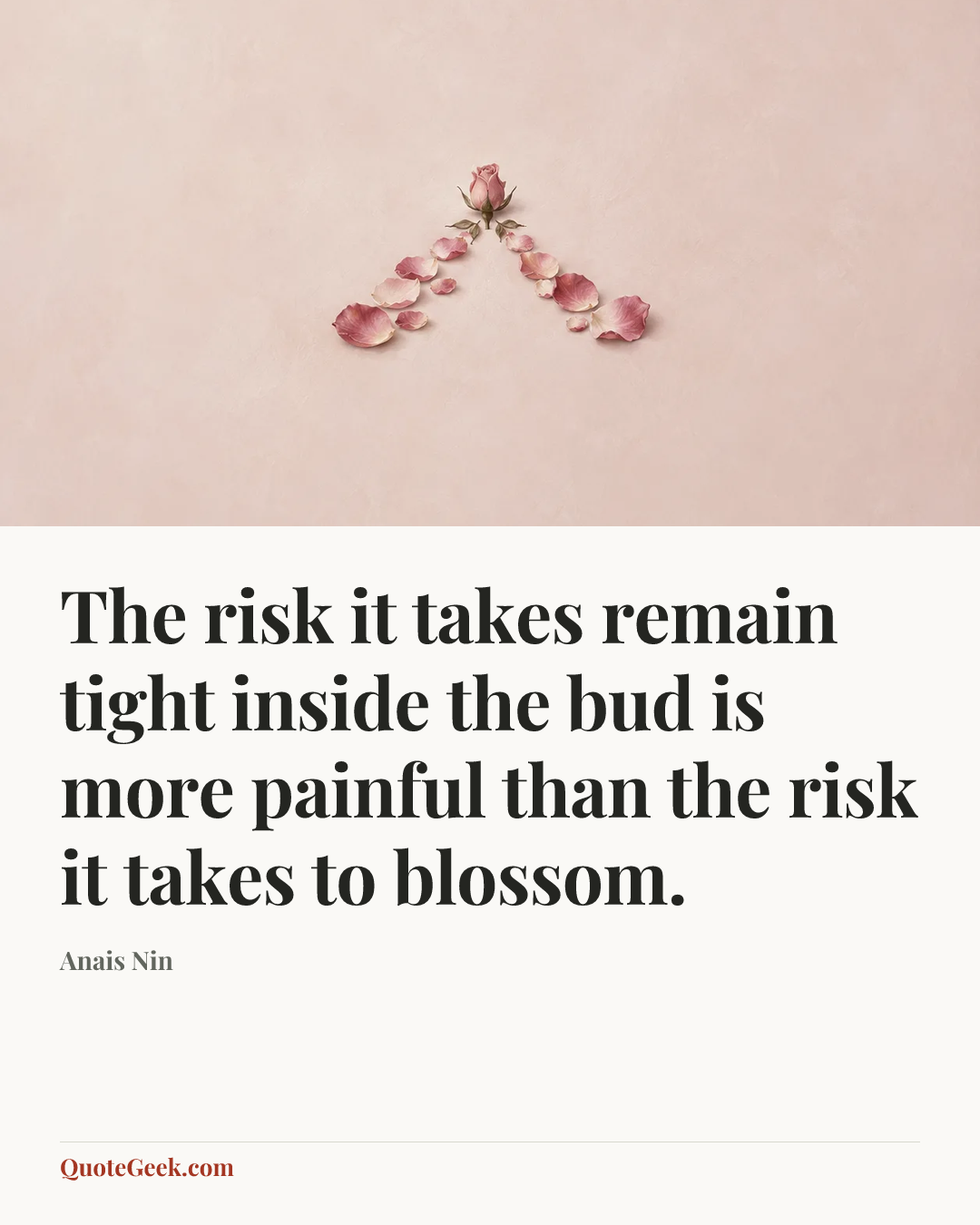“The risk it takes remain tight inside the bud is more painful than the risk it takes to blossom.” — Anais Nin. Illustrated QuoteGeek card.