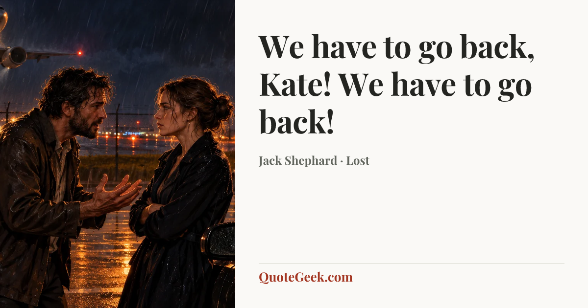 “We have to go back, Kate! We have to go back!” — Jack Shephard · Lost. Illustrated QuoteGeek card.