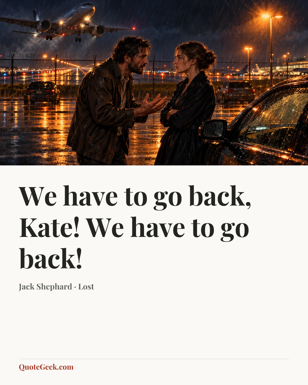 “We have to go back, Kate! We have to go back!” — Jack Shephard · Lost. Illustrated QuoteGeek card.