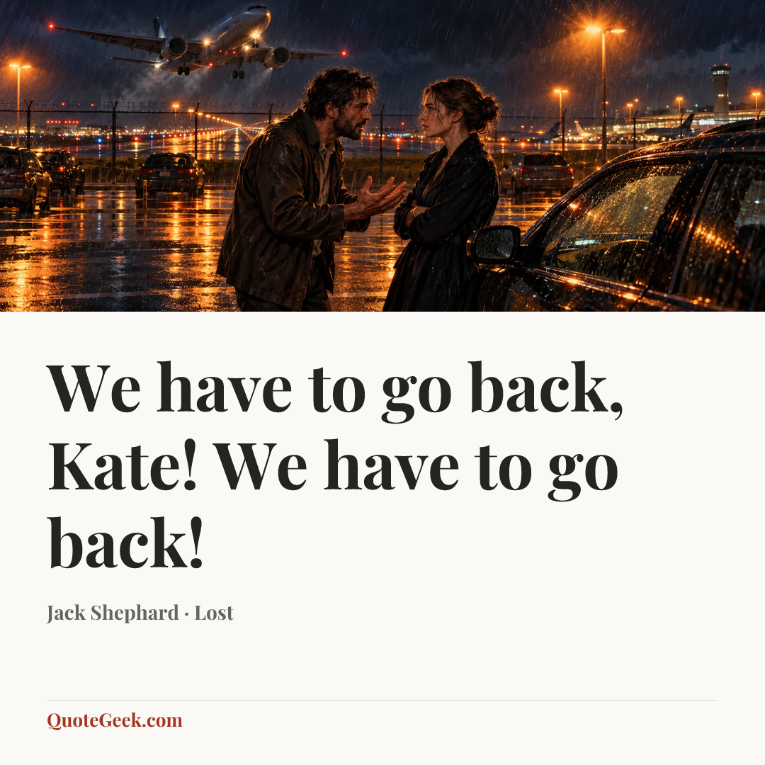 “We have to go back, Kate! We have to go back!” — Jack Shephard · Lost. Illustrated QuoteGeek card.