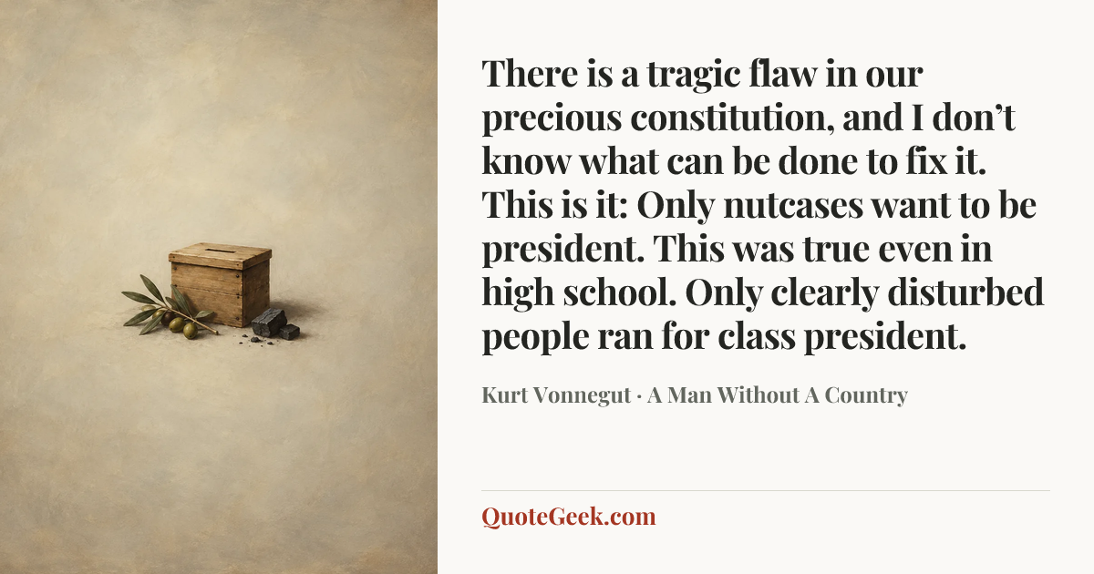 “There is a tragic flaw in our precious constitution, and I don’t know what can be done to fix it. This is it: Only nutcases want to be president. This was true even in high school. Only clearly disturbed people ran for class president.” — Kurt Vonnegut · A Man Without A Country. Illustrated QuoteGeek card.
