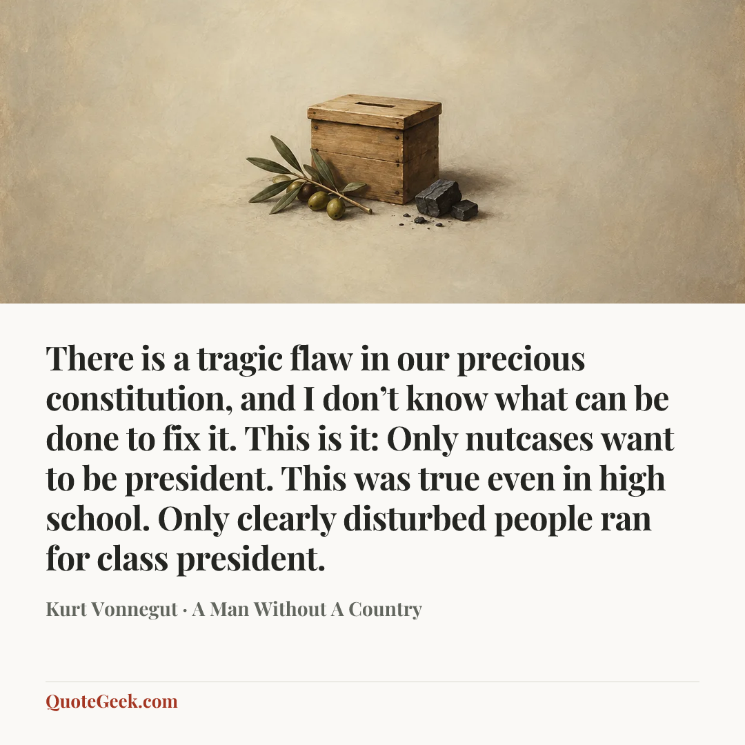 “There is a tragic flaw in our precious constitution, and I don’t know what can be done to fix it. This is it: Only nutcases want to be president. This was true even in high school. Only clearly disturbed people ran for class president.” — Kurt Vonnegut · A Man Without A Country. Illustrated QuoteGeek card.