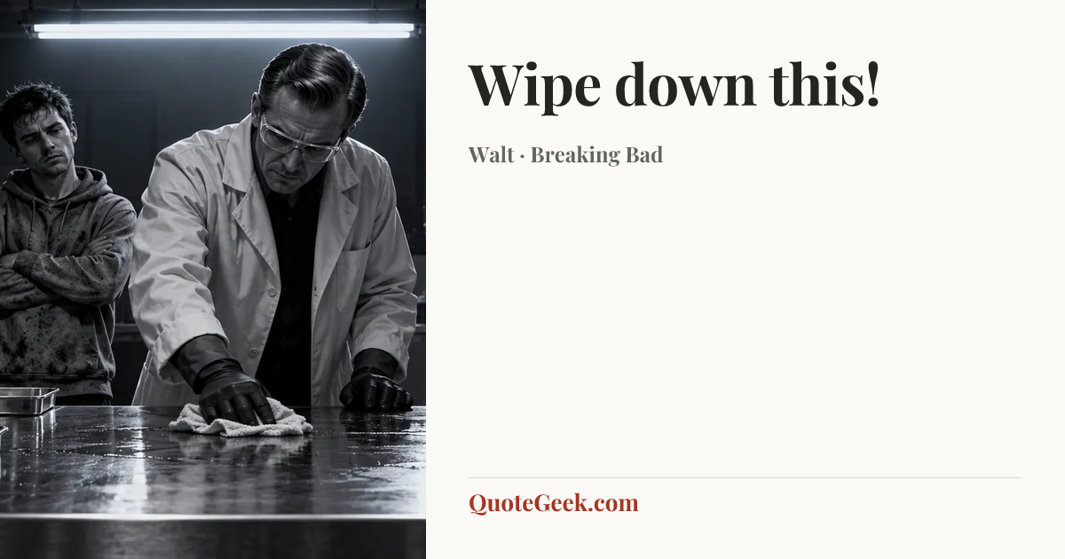 “Wipe down this!” — Walt · Breaking Bad. Illustrated QuoteGeek card.