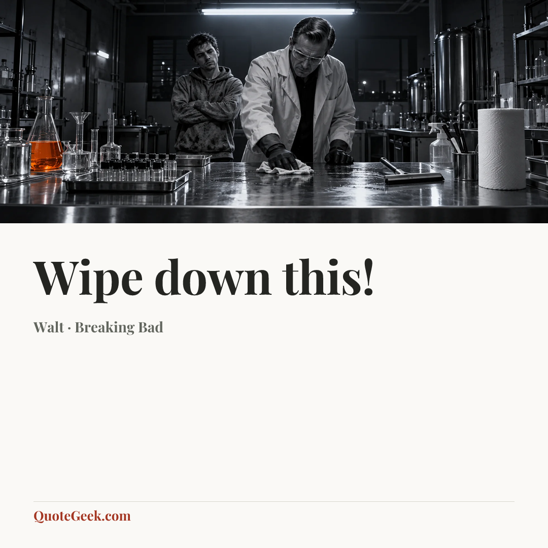 “Wipe down this!” — Walt · Breaking Bad. Illustrated QuoteGeek card.