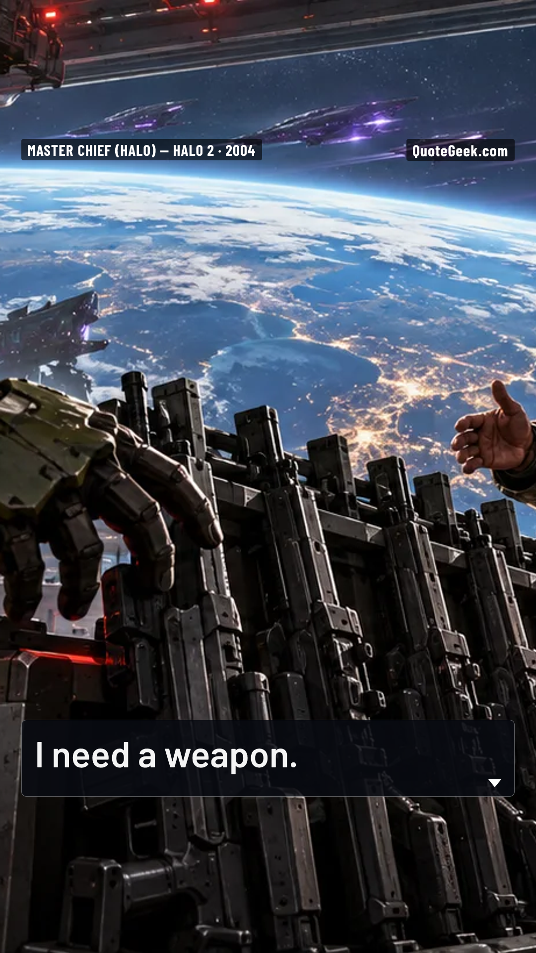 “I need a weapon.” — Master Chief (Halo) · Halo 2. Illustrated QuoteGeek card.