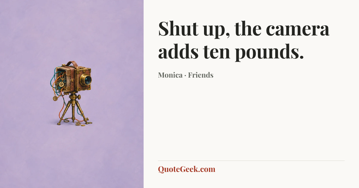“Shut up, the camera adds ten pounds.” — Monica · Friends. Illustrated QuoteGeek card.