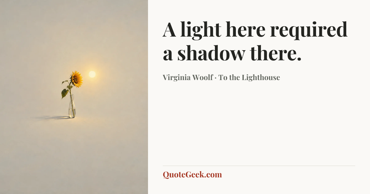 “A light here required a shadow there.” — Virginia Woolf · To the Lighthouse. Illustrated QuoteGeek card.