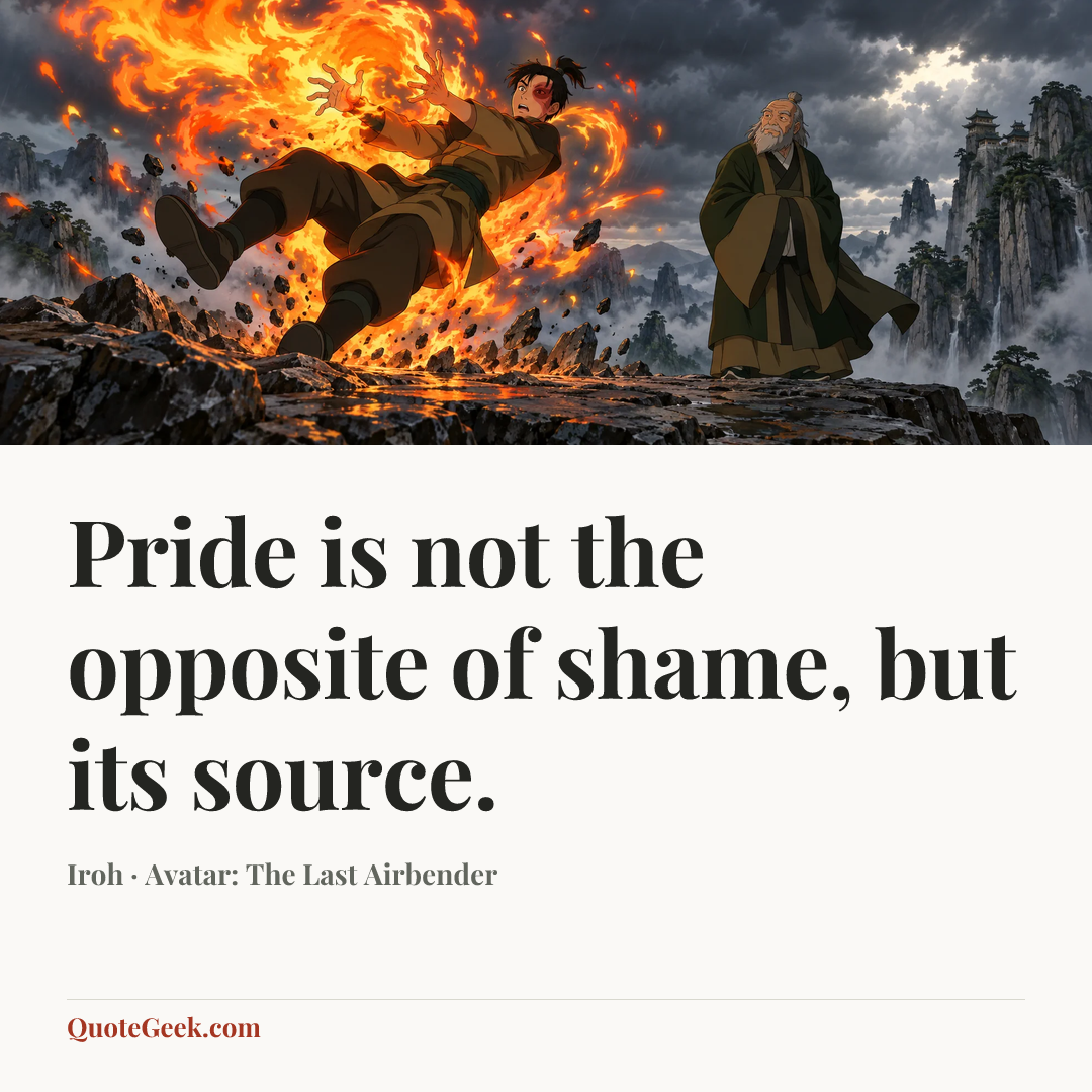 “Pride is not the opposite of shame, but its source.” — Iroh · Avatar: The Last Airbender. Illustrated QuoteGeek card.
