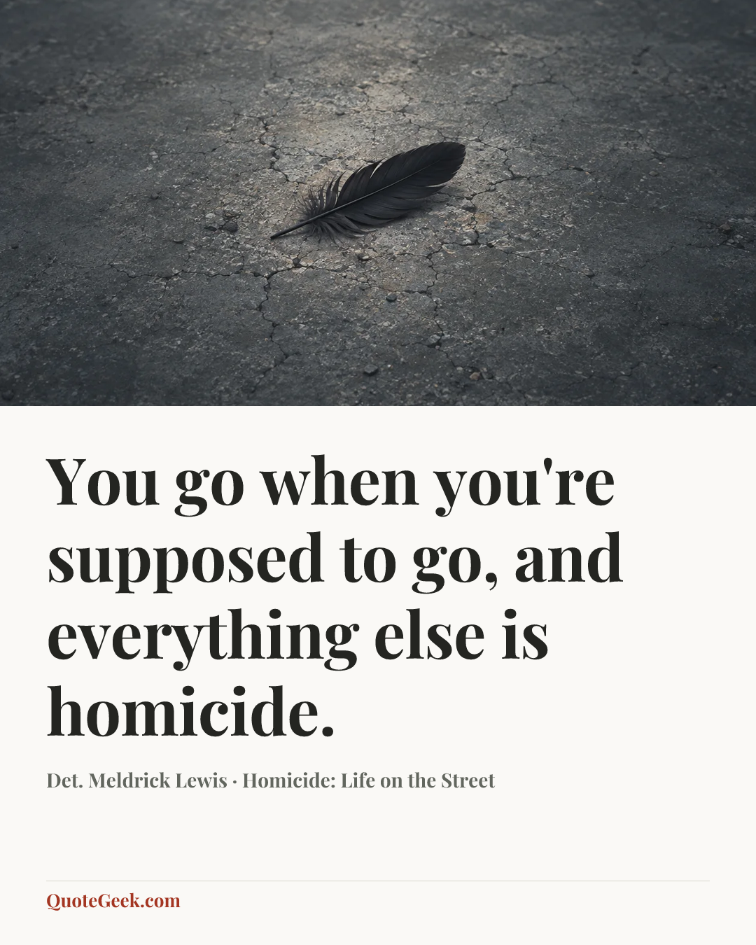 “You go when you're supposed to go, and everything else is homicide.” — Det. Meldrick Lewis · Homicide: Life on the Street. Illustrated QuoteGeek card.