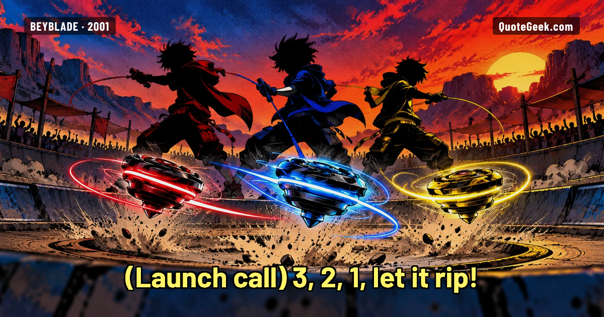 “3, 2, 1, let it rip!” — Launch call · Beyblade. Illustrated QuoteGeek card.