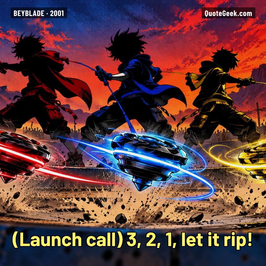 “3, 2, 1, let it rip!” — Launch call · Beyblade. Illustrated QuoteGeek card.